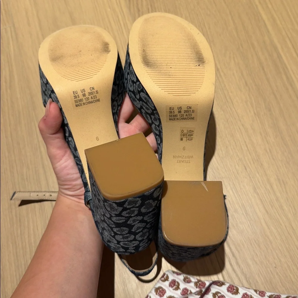 Stuart Weitzman‎ Leopard Print Denim Platform Block Heel Sandals Size 9